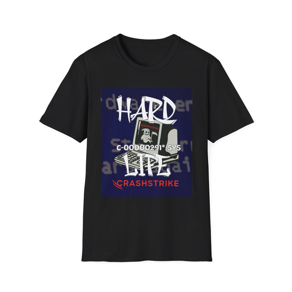 Crashstrike Hard Life Hacker T-Shirt featuring bold hip-hop style spray paint font with the words 'Hard Life' and system file 'C-00000291*.sys' integrated. Design includes a retro computer haunted by the Grim Reaper against a Blue Screen of Death (BSOD) background, with a playful twist on the Crowdstrike logo, reimagined as 'Crashstrike.' Available in sizes Small to XXL