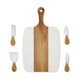 Personalized marble and acacia serving board set with knives