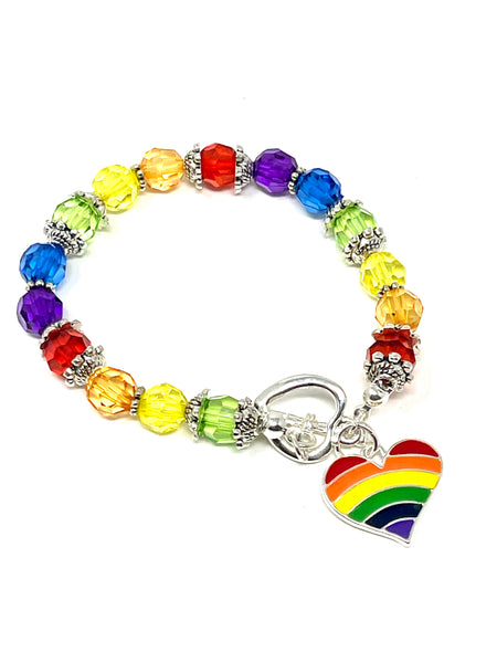 Pride LGBT Rainbow Heart Charm on Rainbow Beaded LGBTQA bracelet