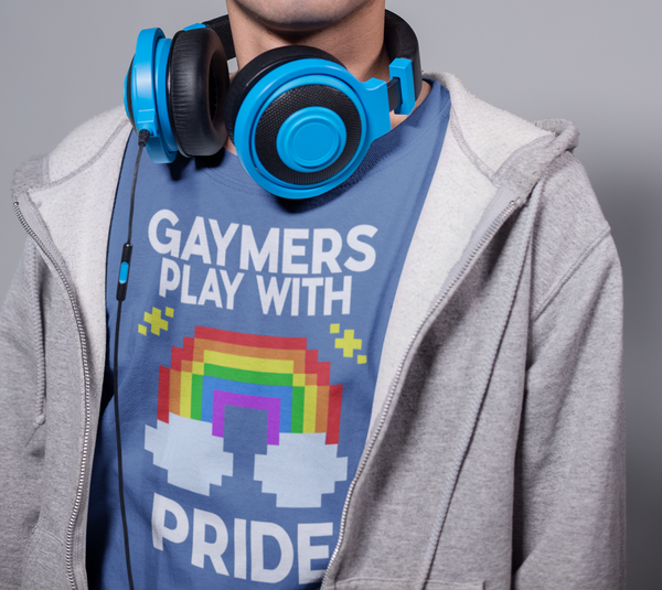 Gaymers Play with Pride T-Shirt featuring an 8bit graphic rainbow with twinkles